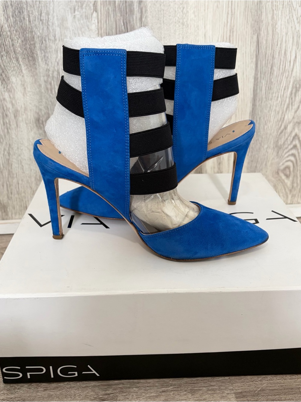 Via Spiga blue suede stiletto heels black elastic ankle straps Womens 6 Club